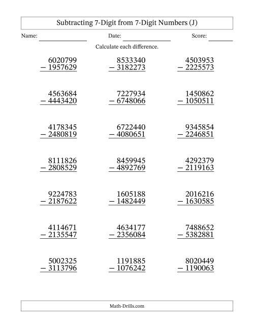 The Subtracting 7-Digit from 7-Digit Numbers With Some Regrouping (21 Questions) (J) Math Worksheet