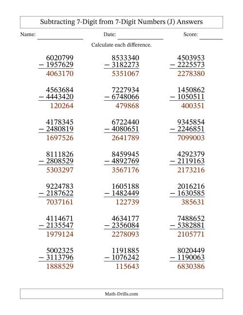The Subtracting 7-Digit from 7-Digit Numbers With Some Regrouping (21 Questions) (J) Math Worksheet Page 2