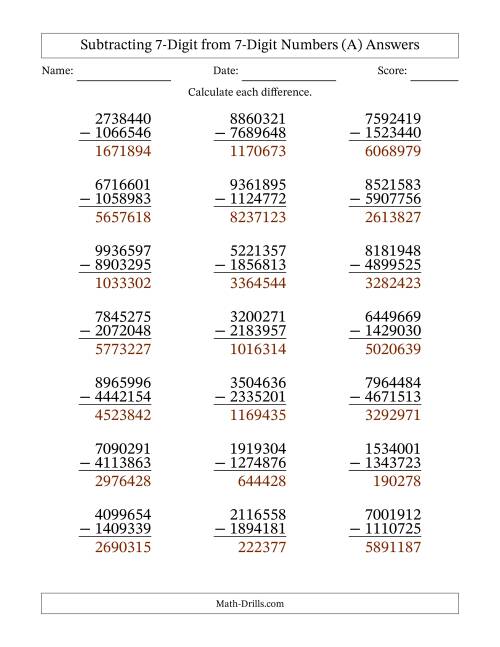 The Subtracting 7-Digit from 7-Digit Numbers With Some Regrouping (21 Questions) (All) Math Worksheet Page 2