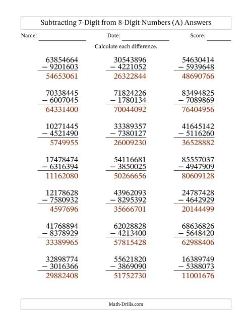 The Subtracting 7-Digit from 8-Digit Numbers With Some Regrouping (21 Questions) (A) Math Worksheet Page 2