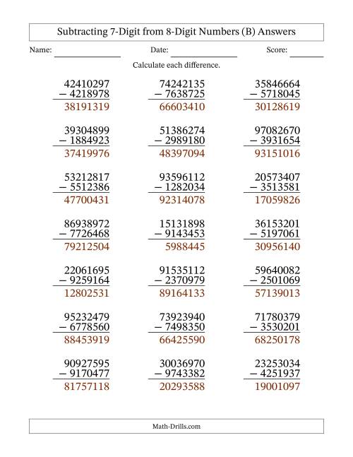 The Subtracting 7-Digit from 8-Digit Numbers With Some Regrouping (21 Questions) (B) Math Worksheet Page 2