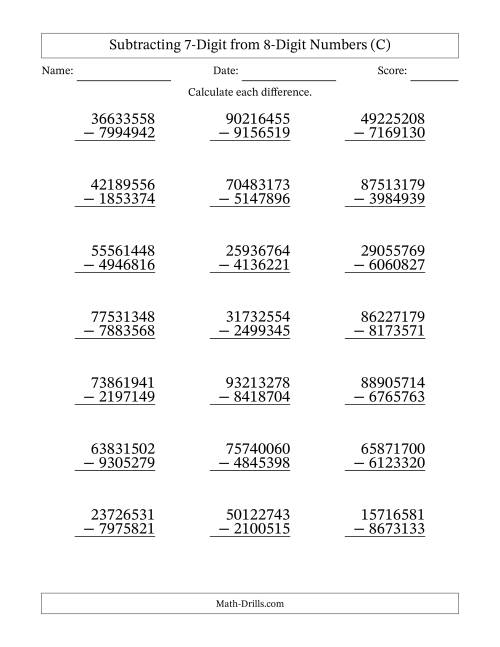 The Subtracting 7-Digit from 8-Digit Numbers With Some Regrouping (21 Questions) (C) Math Worksheet