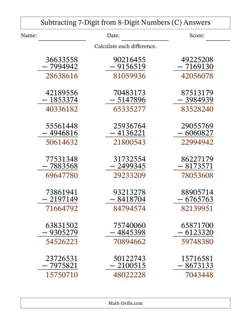 The 8-Digit Minus 7-Digit Subtraction (C) Math Worksheet Page 2