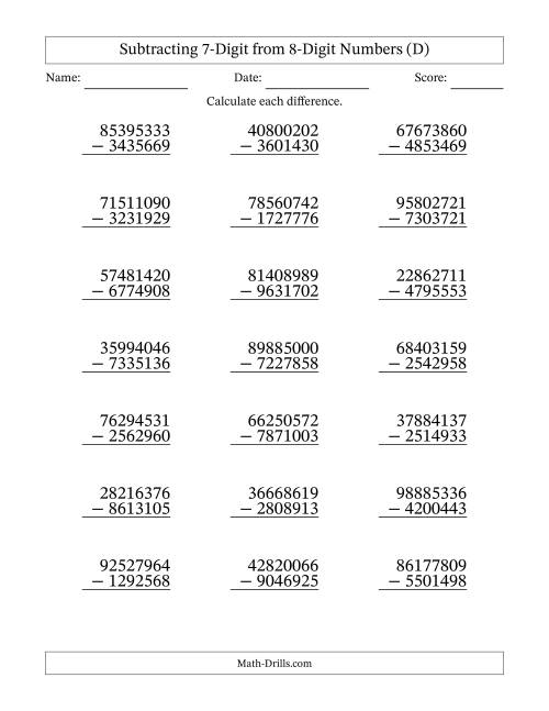 The Subtracting 7-Digit from 8-Digit Numbers With Some Regrouping (21 Questions) (D) Math Worksheet