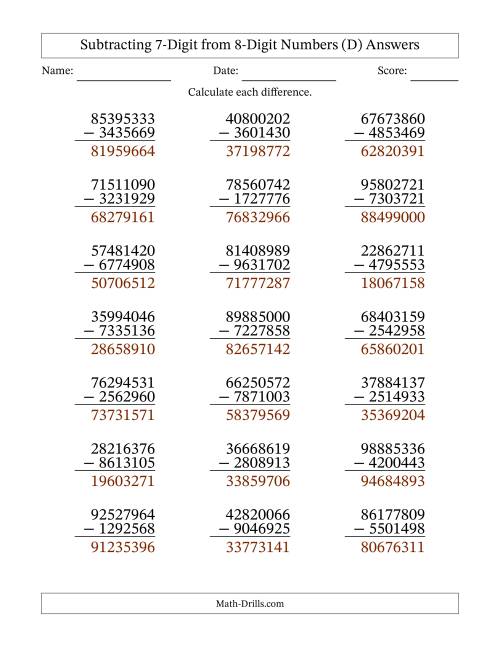 The Subtracting 7-Digit from 8-Digit Numbers With Some Regrouping (21 Questions) (D) Math Worksheet Page 2