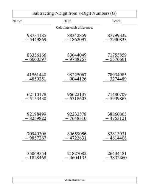The Subtracting 7-Digit from 8-Digit Numbers With Some Regrouping (21 Questions) (G) Math Worksheet