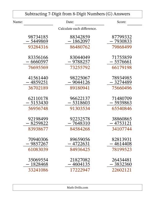 The Subtracting 7-Digit from 8-Digit Numbers With Some Regrouping (21 Questions) (G) Math Worksheet Page 2