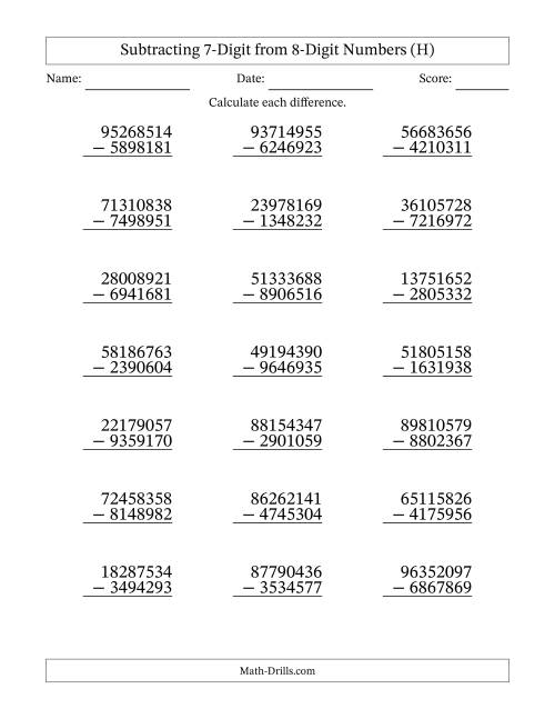 The 8-Digit Minus 7-Digit Subtraction (H) Math Worksheet