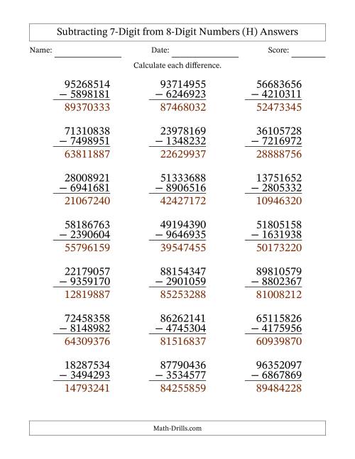 The Subtracting 7-Digit from 8-Digit Numbers With Some Regrouping (21 Questions) (H) Math Worksheet Page 2
