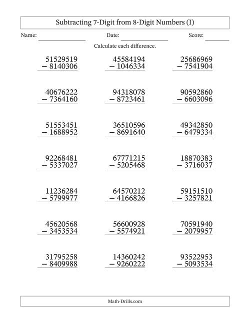 The Subtracting 7-Digit from 8-Digit Numbers With Some Regrouping (21 Questions) (I) Math Worksheet