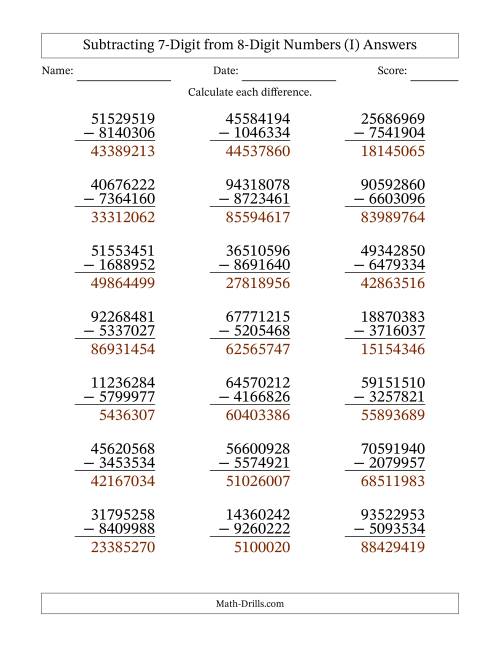 The Subtracting 7-Digit from 8-Digit Numbers With Some Regrouping (21 Questions) (I) Math Worksheet Page 2