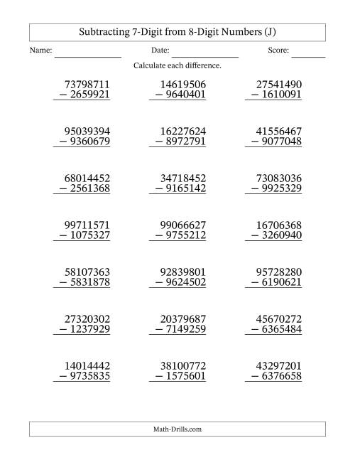 The Subtracting 7-Digit from 8-Digit Numbers With Some Regrouping (21 Questions) (J) Math Worksheet