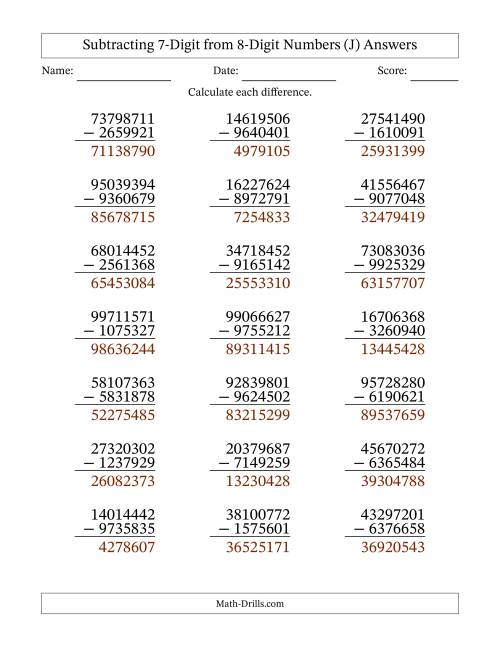 The Subtracting 7-Digit from 8-Digit Numbers With Some Regrouping (21 Questions) (J) Math Worksheet Page 2