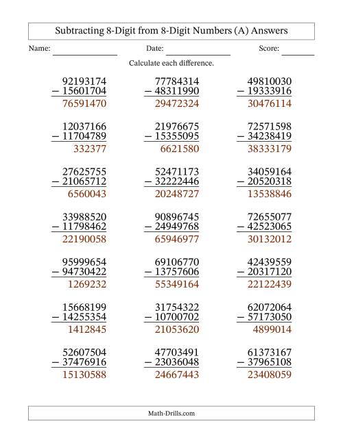 The Subtracting 8-Digit from 8-Digit Numbers With Some Regrouping (21 Questions) (A) Math Worksheet Page 2
