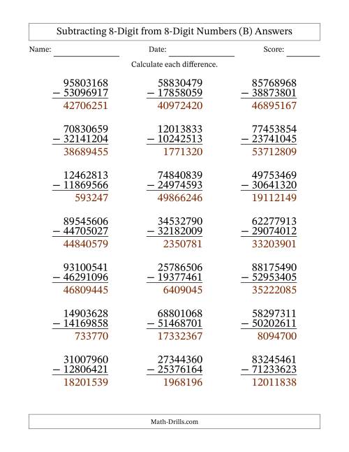 The Subtracting 8-Digit from 8-Digit Numbers With Some Regrouping (21 Questions) (B) Math Worksheet Page 2