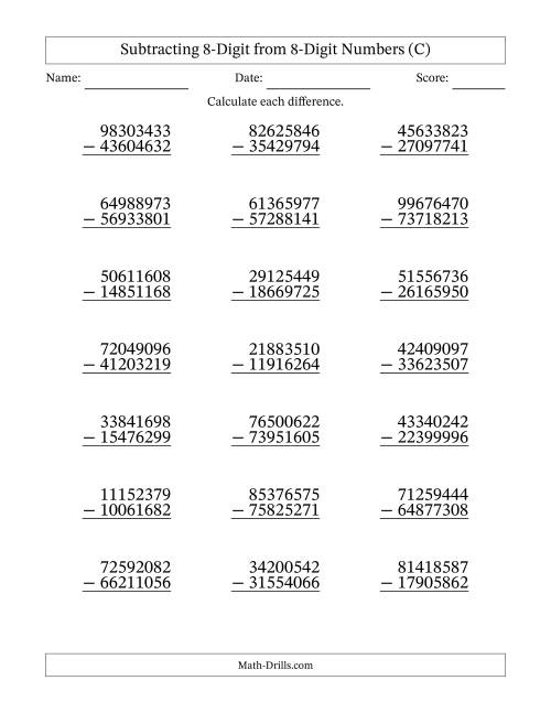 The 8-Digit Minus 8-Digit Subtraction (C) Math Worksheet