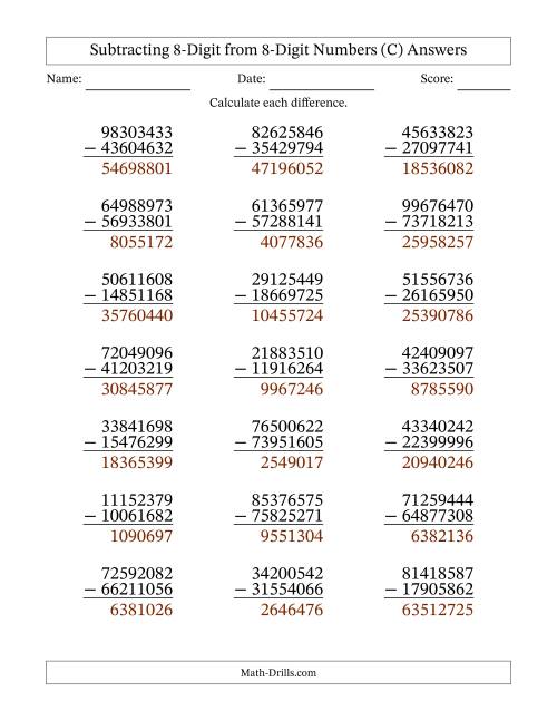 The Subtracting 8-Digit from 8-Digit Numbers With Some Regrouping (21 Questions) (C) Math Worksheet Page 2