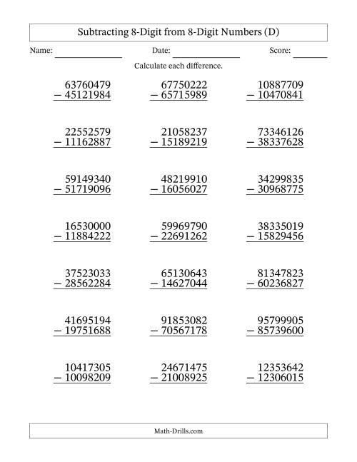 The 8-Digit Minus 8-Digit Subtraction (D) Math Worksheet