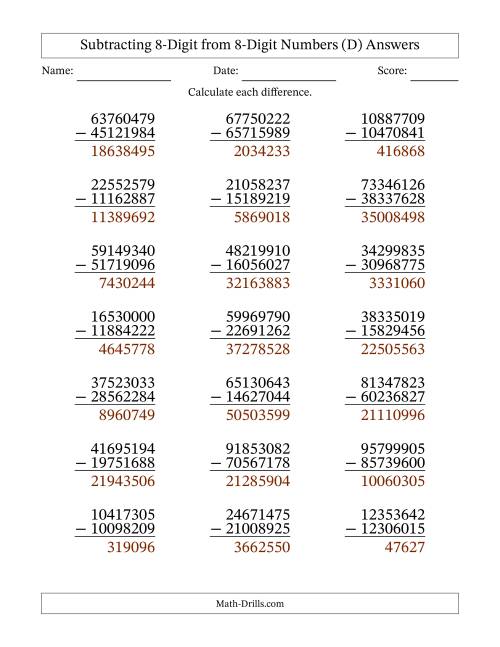 The Subtracting 8-Digit from 8-Digit Numbers With Some Regrouping (21 Questions) (D) Math Worksheet Page 2