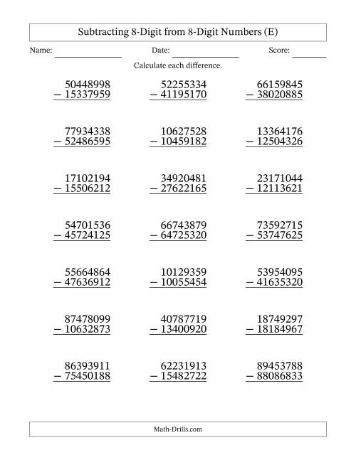The 8-Digit Minus 8-Digit Subtraction (E) Math Worksheet