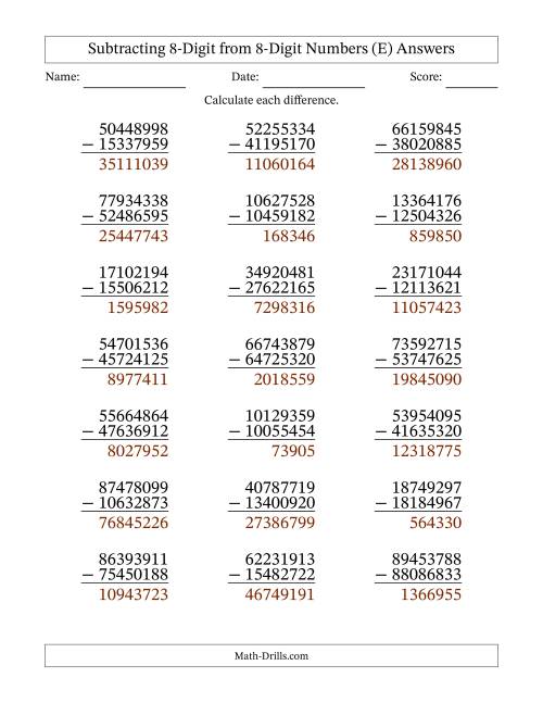 The Subtracting 8-Digit from 8-Digit Numbers With Some Regrouping (21 Questions) (E) Math Worksheet Page 2