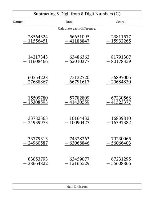 The Subtracting 8-Digit from 8-Digit Numbers With Some Regrouping (21 Questions) (G) Math Worksheet