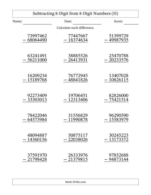 The 8-Digit Minus 8-Digit Subtraction (H) Math Worksheet