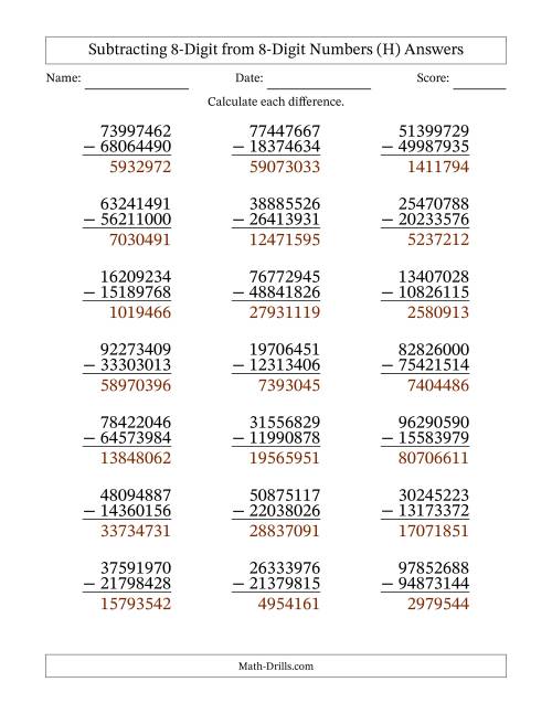 The Subtracting 8-Digit from 8-Digit Numbers With Some Regrouping (21 Questions) (H) Math Worksheet Page 2