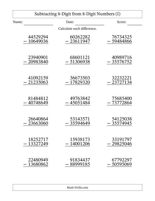 The Subtracting 8-Digit from 8-Digit Numbers With Some Regrouping (21 Questions) (I) Math Worksheet