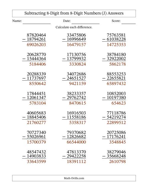 The Subtracting 8-Digit from 8-Digit Numbers With Some Regrouping (21 Questions) (J) Math Worksheet Page 2