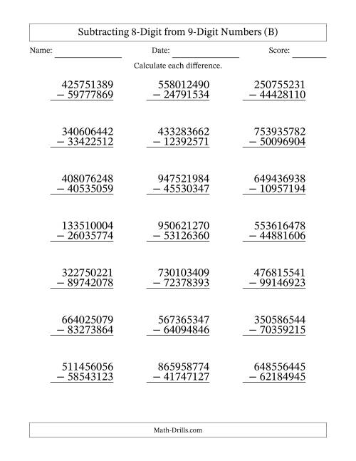 The Subtracting 8-Digit from 9-Digit Numbers With Some Regrouping (21 Questions) (B) Math Worksheet