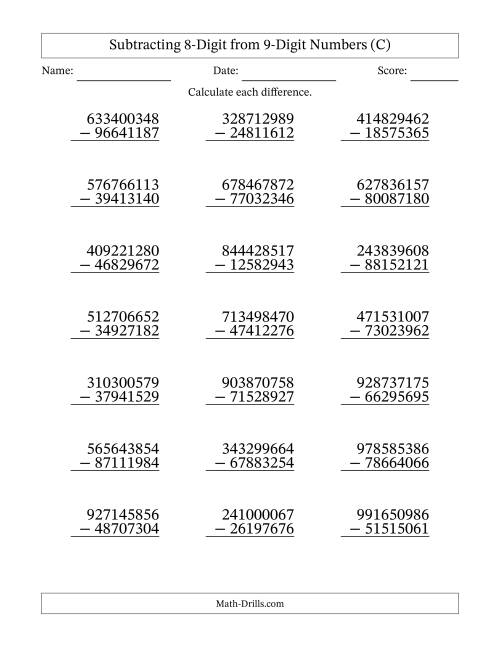 The Subtracting 8-Digit from 9-Digit Numbers With Some Regrouping (21 Questions) (C) Math Worksheet