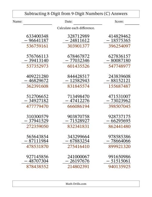 The Subtracting 8-Digit from 9-Digit Numbers With Some Regrouping (21 Questions) (C) Math Worksheet Page 2