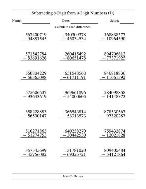 The Subtracting 8-Digit from 9-Digit Numbers With Some Regrouping (21 Questions) (D) Math Worksheet