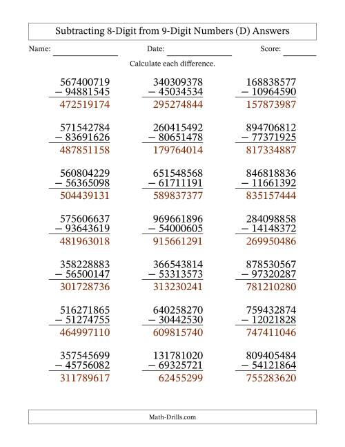 The Subtracting 8-Digit from 9-Digit Numbers With Some Regrouping (21 Questions) (D) Math Worksheet Page 2