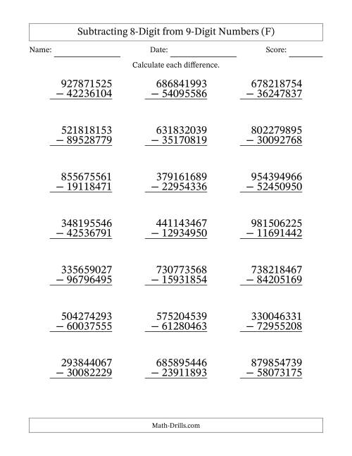 The Subtracting 8-Digit from 9-Digit Numbers With Some Regrouping (21 Questions) (F) Math Worksheet