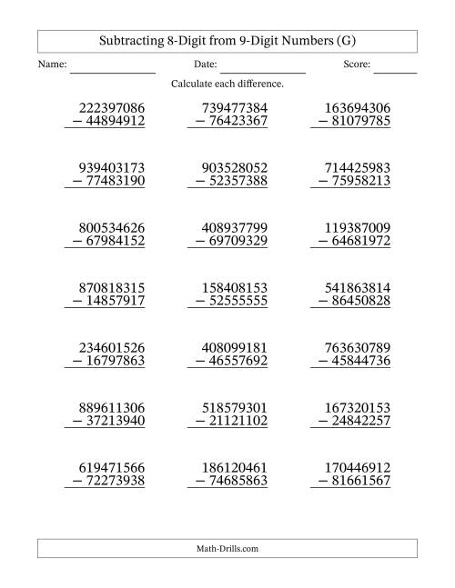 The Subtracting 8-Digit from 9-Digit Numbers With Some Regrouping (21 Questions) (G) Math Worksheet