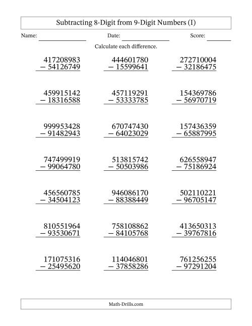The Subtracting 8-Digit from 9-Digit Numbers With Some Regrouping (21 Questions) (I) Math Worksheet