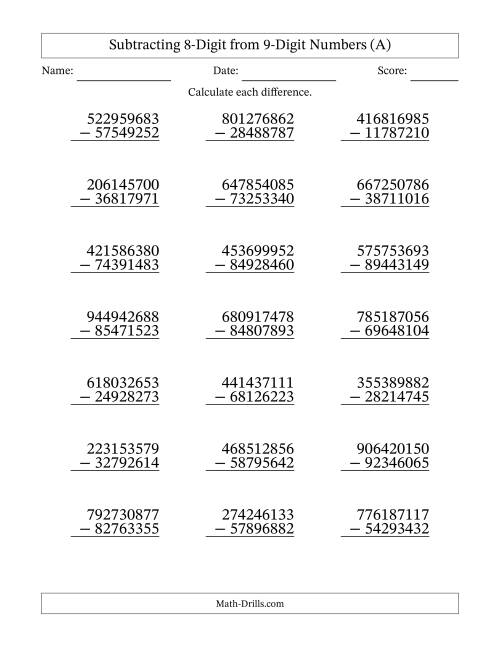 The Subtracting 8-Digit from 9-Digit Numbers With Some Regrouping (21 Questions) (All) Math Worksheet