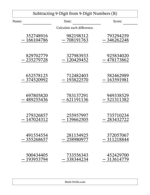 The 9-Digit Minus 9-Digit Subtraction (B) Math Worksheet