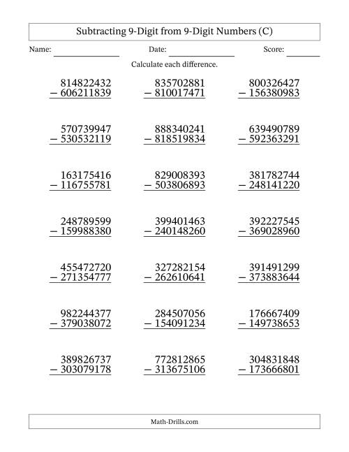 The Subtracting 9-Digit from 9-Digit Numbers With Some Regrouping (21 Questions) (C) Math Worksheet