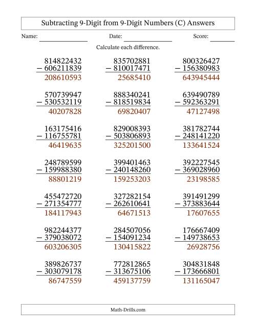 The Subtracting 9-Digit from 9-Digit Numbers With Some Regrouping (21 Questions) (C) Math Worksheet Page 2