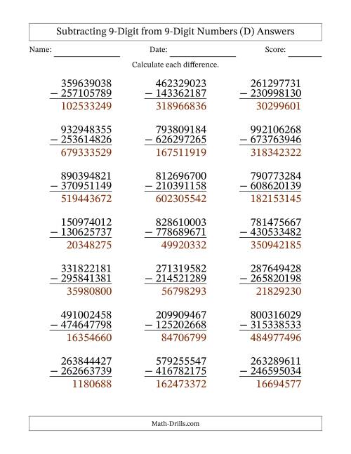 The 9-Digit Minus 9-Digit Subtraction (D) Math Worksheet Page 2