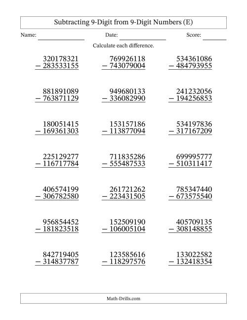 The 9-Digit Minus 9-Digit Subtraction (E) Math Worksheet