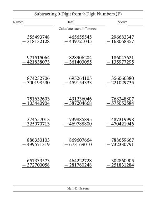 The 9-Digit Minus 9-Digit Subtraction (F) Math Worksheet