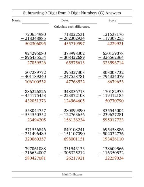 The 9-Digit Minus 9-Digit Subtraction (G) Math Worksheet Page 2