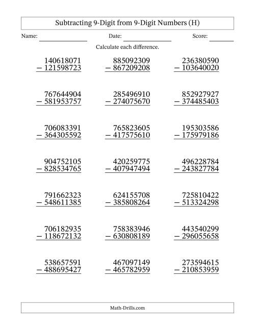 The Subtracting 9-Digit from 9-Digit Numbers With Some Regrouping (21 Questions) (H) Math Worksheet