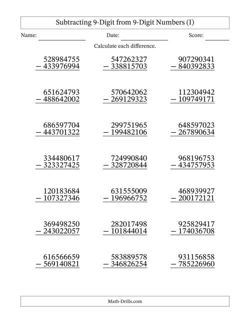 The 9-Digit Minus 9-Digit Subtraction (I) Math Worksheet