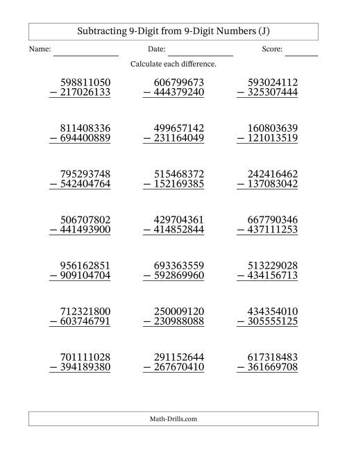 The 9-Digit Minus 9-Digit Subtraction (J) Math Worksheet