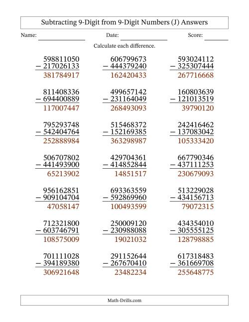 The Subtracting 9-Digit from 9-Digit Numbers With Some Regrouping (21 Questions) (J) Math Worksheet Page 2